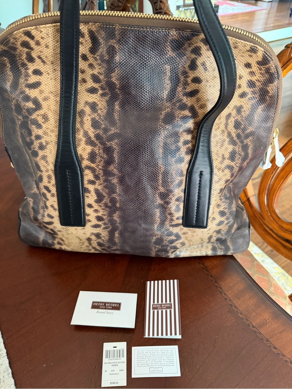 NWT Henri Bendel Debutant Snake Pattern Satchel Brown Multi Gold Hardware - Picture 8 of 11